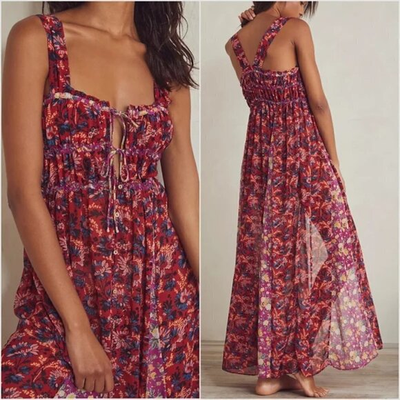 Free People Dance with Me Printed Maxi Dress Berry Combo New Size XS - Picture 4 of 12